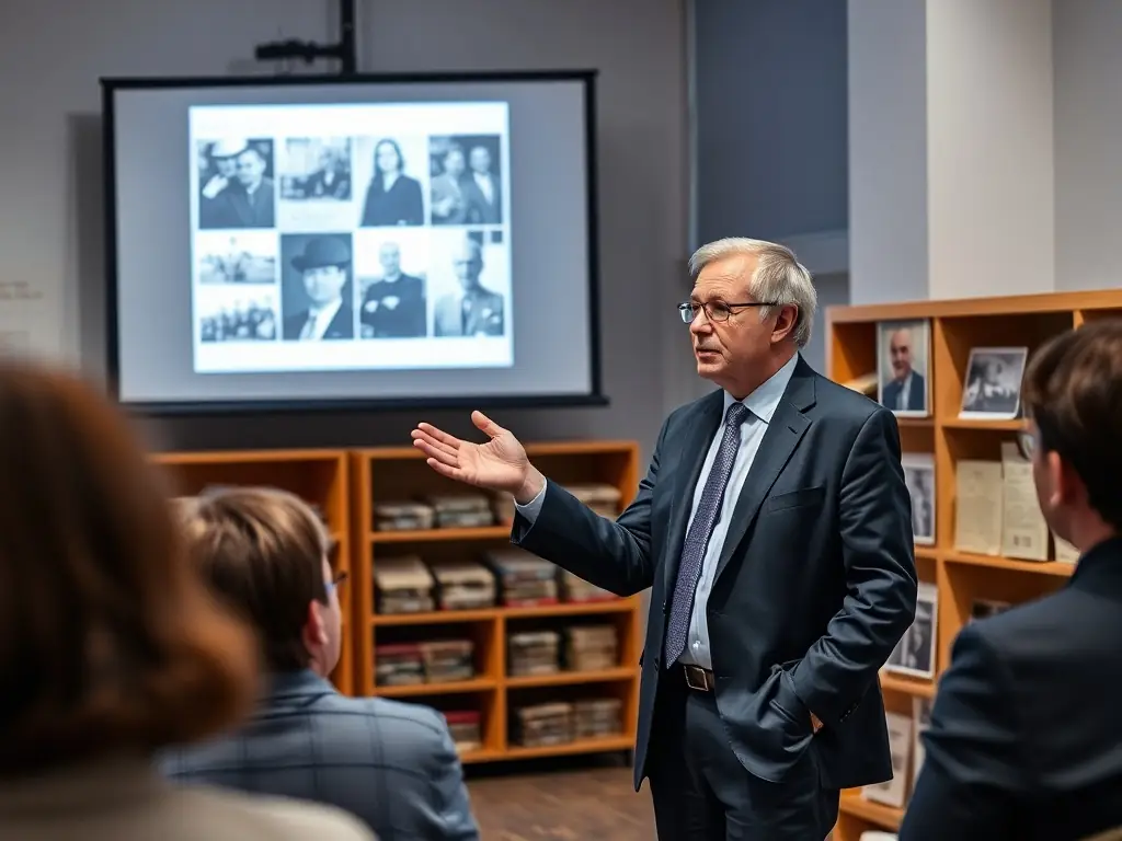 A lecturer presenting historical information about the Deportation period to an audience in a museum setting, using archival photographs and documents as visual aids.