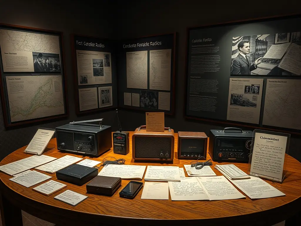 A photograph of an exhibition display featuring artifacts from the French Resistance, including clandestine radios, forged documents, and personal letters, set against a backdrop of historical maps and photographs.