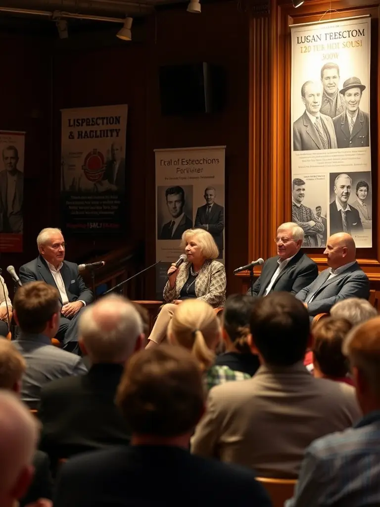 A community event at the museum, featuring a panel discussion with historians and survivors of the Resistance, engaging with the audience.