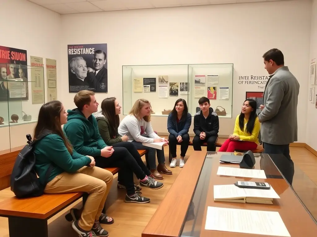 A group of students attentively listening to a museum guide during a workshop on the French Resistance, surrounded by historical artifacts and documents.