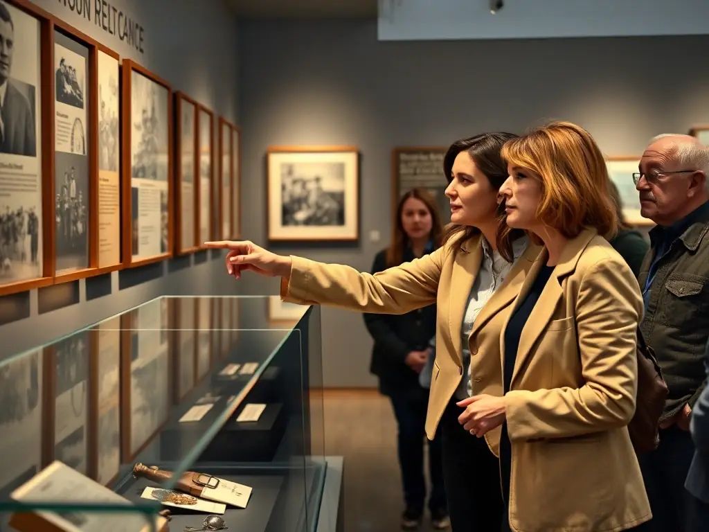 A museum guide leading a group of visitors through an exhibition on the Resistance, pointing out key artifacts and explaining their historical significance.