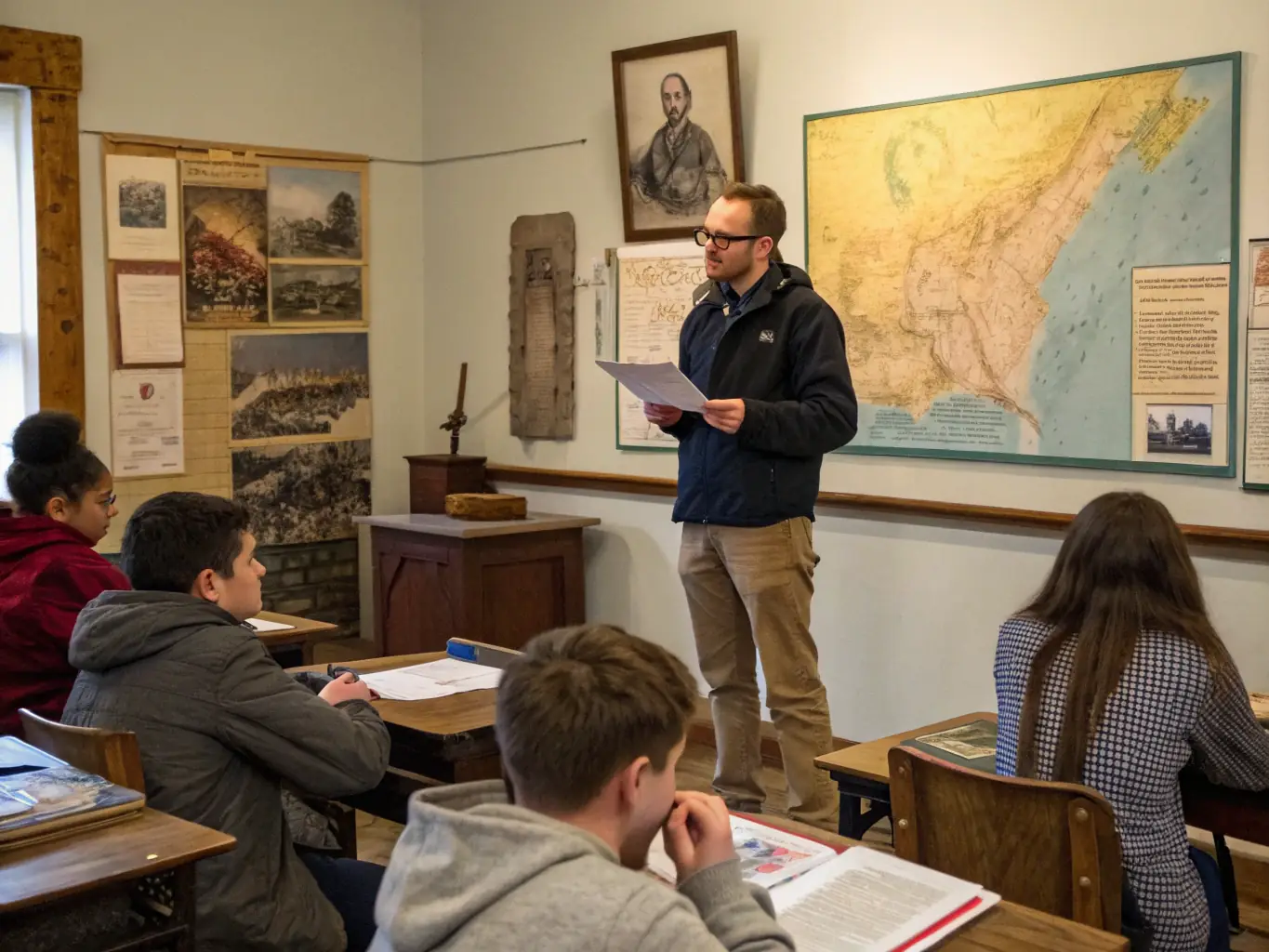 A photograph of participants actively engaged in a workshop focused on analyzing primary source documents from the World War II era, set in a classroom environment within the museum.