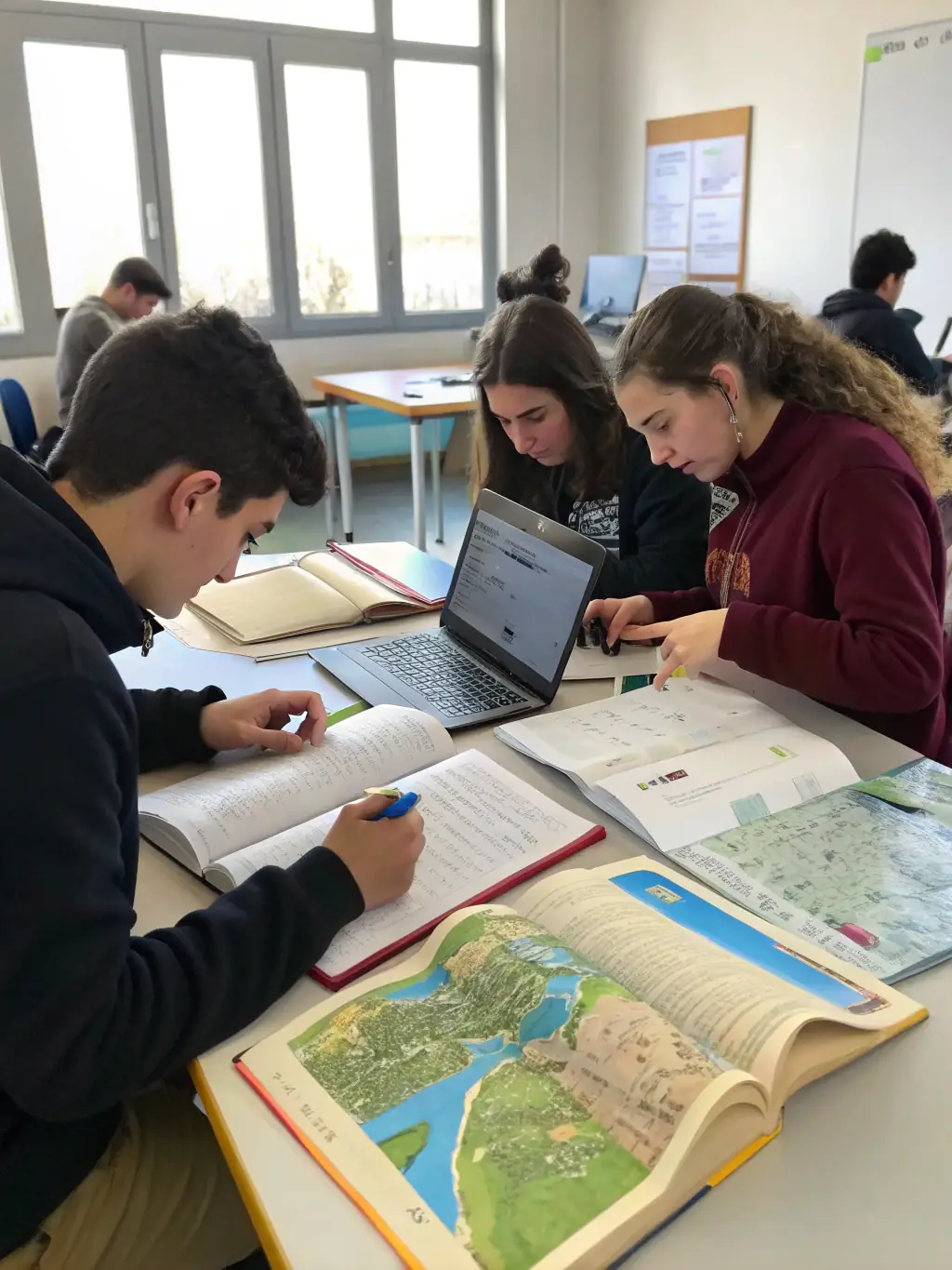 A photograph of a group of students participating in a workshop at the MUSEUM OF RESISTANCE AND DEPORTATION OF BOURGES, focusing on historical documents.