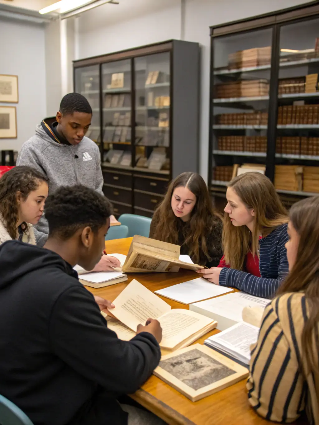 A group of visitors participating in a workshop on preserving historical documents, learning techniques from a professional archivist.
