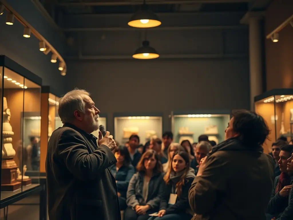 A speaker delivering a lecture on the ethical implications of historical memory, with an audience of adults and students taking notes in a museum auditorium.