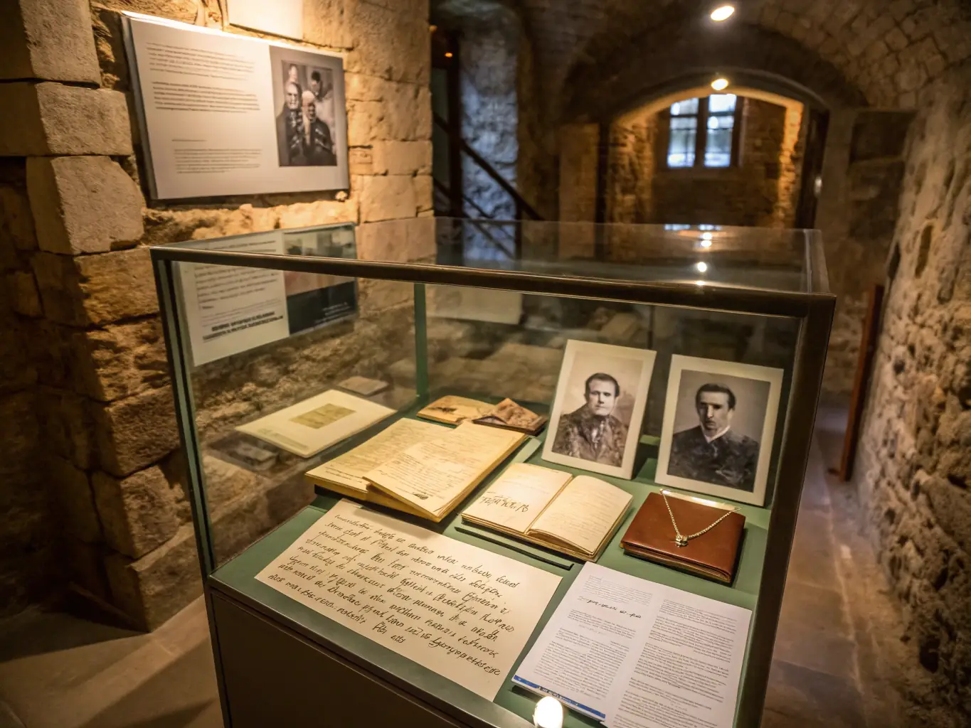 A photograph of a display case containing personal belongings of deportees, such as identity cards, family photographs, and handwritten letters, arranged to evoke a sense of loss and remembrance.