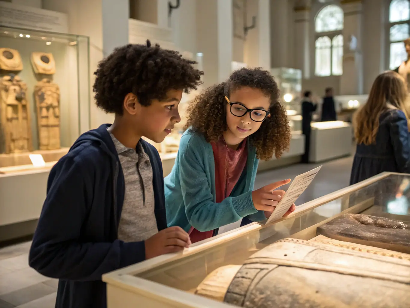 A group of students attentively listening to a museum guide during a tour of an exhibition about the French Resistance, with historical artifacts and photographs visible in the background.